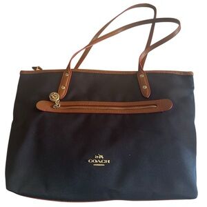 Coach Navy Nylon Tote Bag Leather Trim Gold Hardware Large Shoulder Bag Vintage